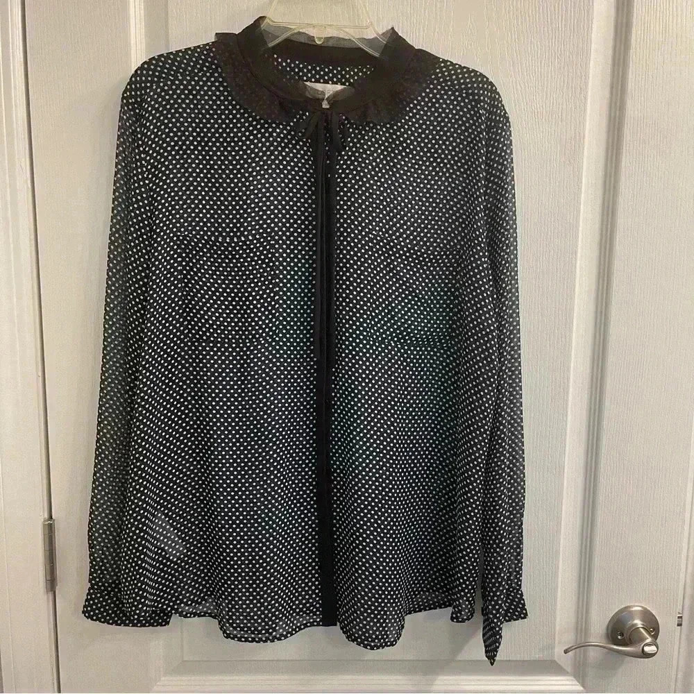 Sheer Button Down Polka Dot Blouse with Bow (Navy Blue, Black and White)